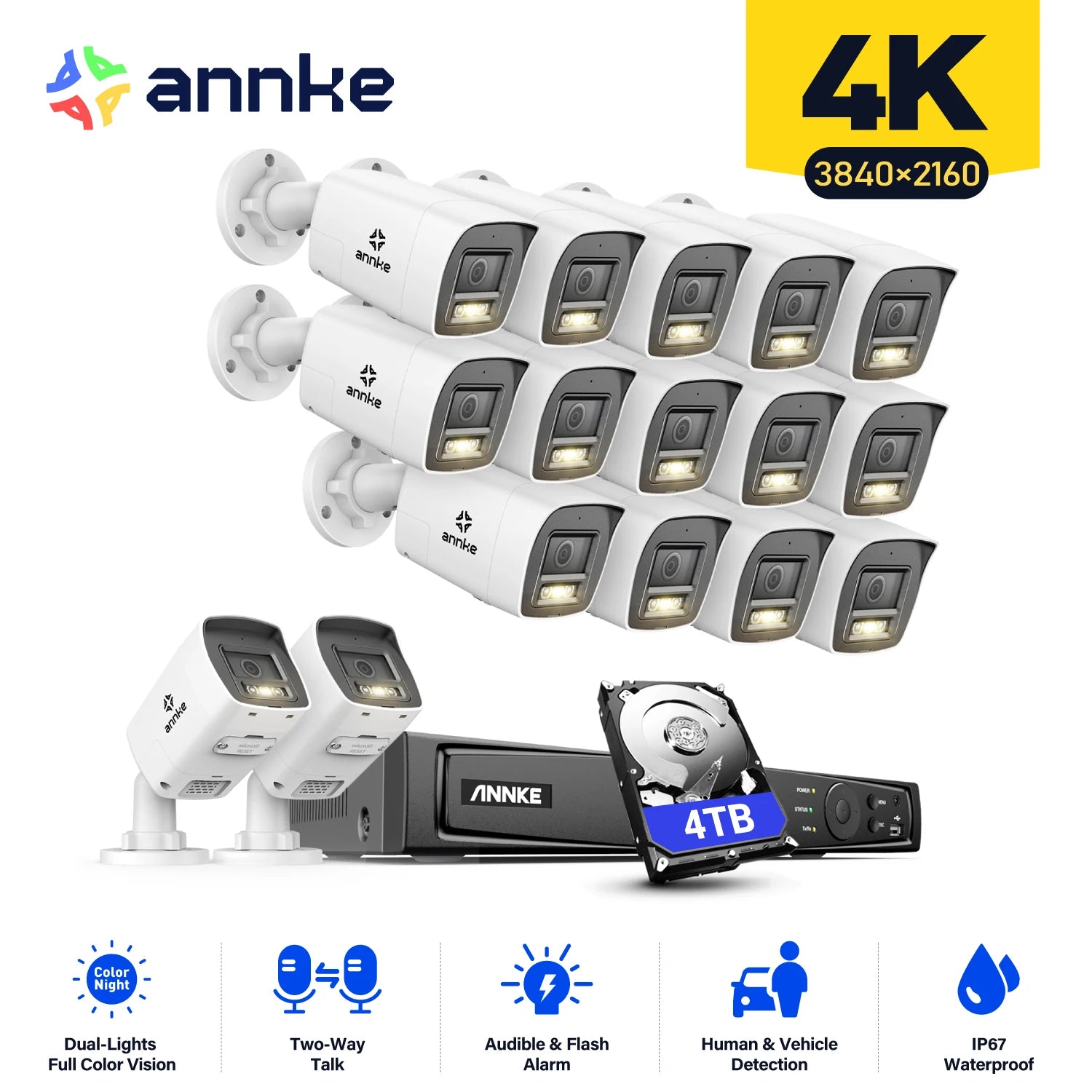 ANNKE 4K 8MP PoE CCTV sistem | 16-kanalni NVR, dvosmerni zvok, zaznavanje ljudi in vozil, 4 mm objektiv