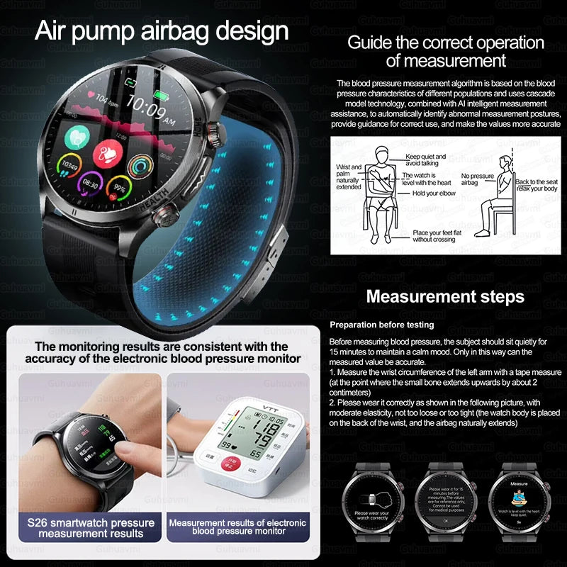 2026 New NFC Precision Blood Pressure Measurement Health Smart Watch Air Pump Airbag Men Women Blood Fat Uric Acid Smartwatches - Limetastore