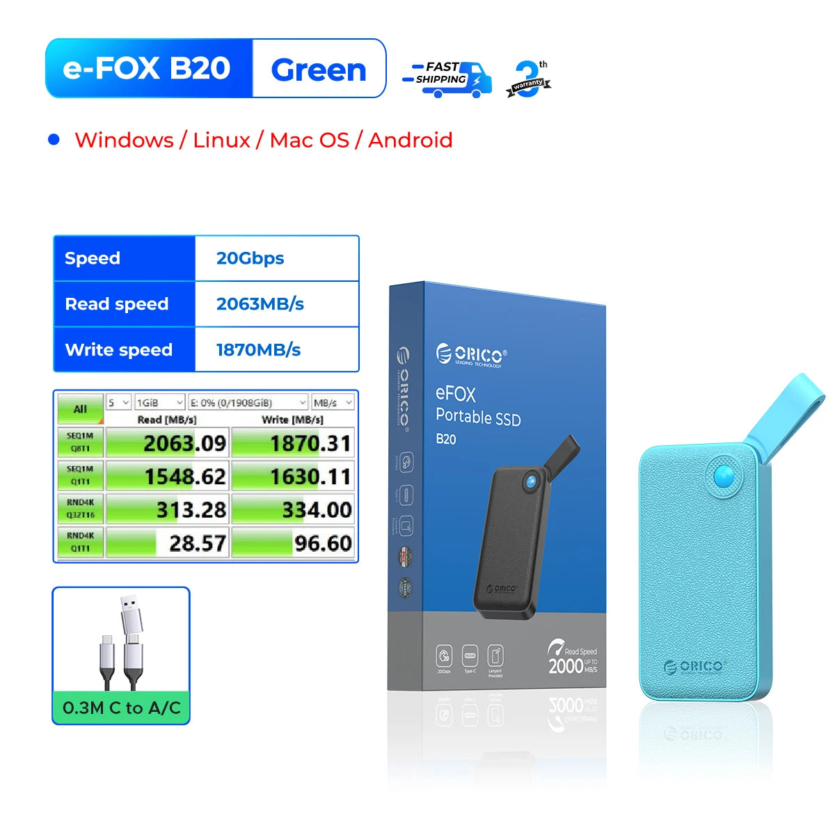 ORICO 2TB Portable SSD Up to 2000MB/s USB 3.2 Gen 2x2 Ultra-Mini Compact with 2 in 1 USB C Cable, External Solid State Drive