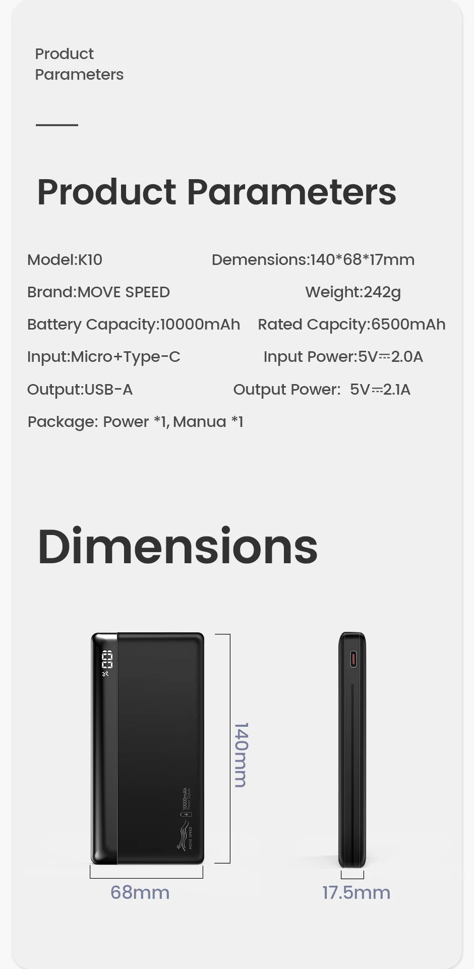 MOVESPEED K10 Power Bank 10000mAh Dual USB A Ports Fast Charging External Large Battery for iPhone 15Pro Samsung S23 Xiaomi 14