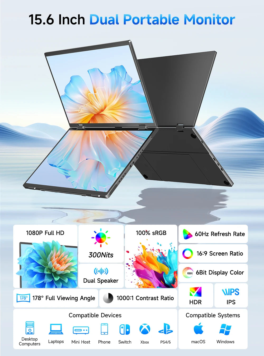 EVICIV 15.6" Dual Portable Monitor 1080P FHD With 360° Flip External Computer Display For PC Laptop Mac Phone Xbox PS4/5 Switch - Limetastore