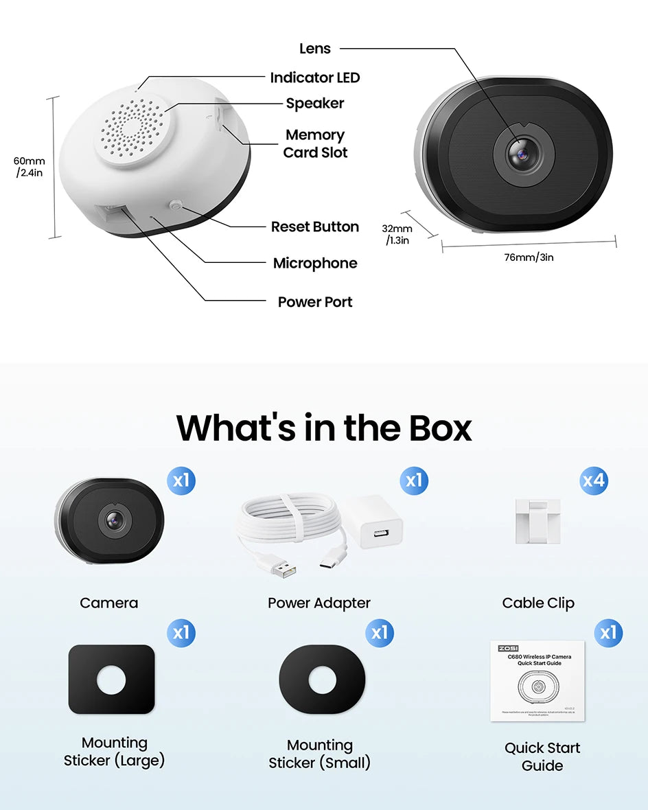 ZOSI C680 2K 3MP Window Security Camera – Full‑Color Night Vision, Indoor Plug‑In WiFi