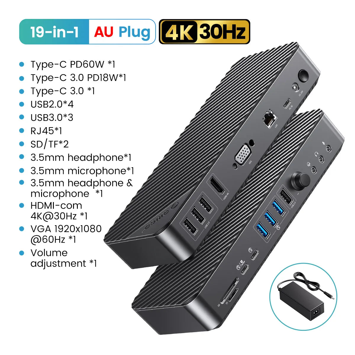 ORICO 19‑in‑1 USB‑C Desktop Docking Station with 4K HDMI, VGA, RJ45, PD Charging