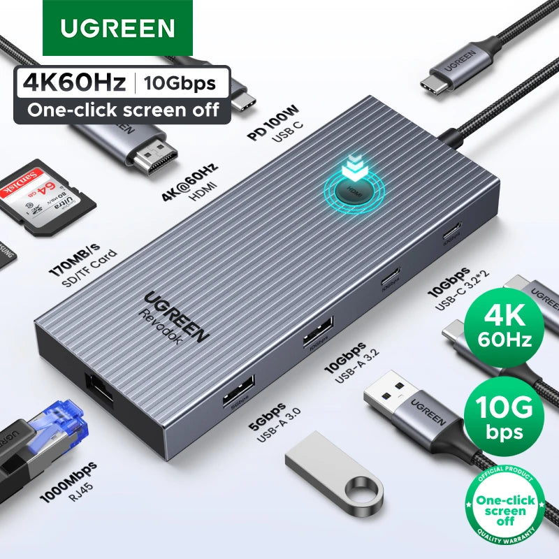 UGREEN 10Gbps USB-C zvezdišče s HDMI 4K60Hz, gigabitnim RJ45, PD100W, SD/TF in USB-A/C priključki