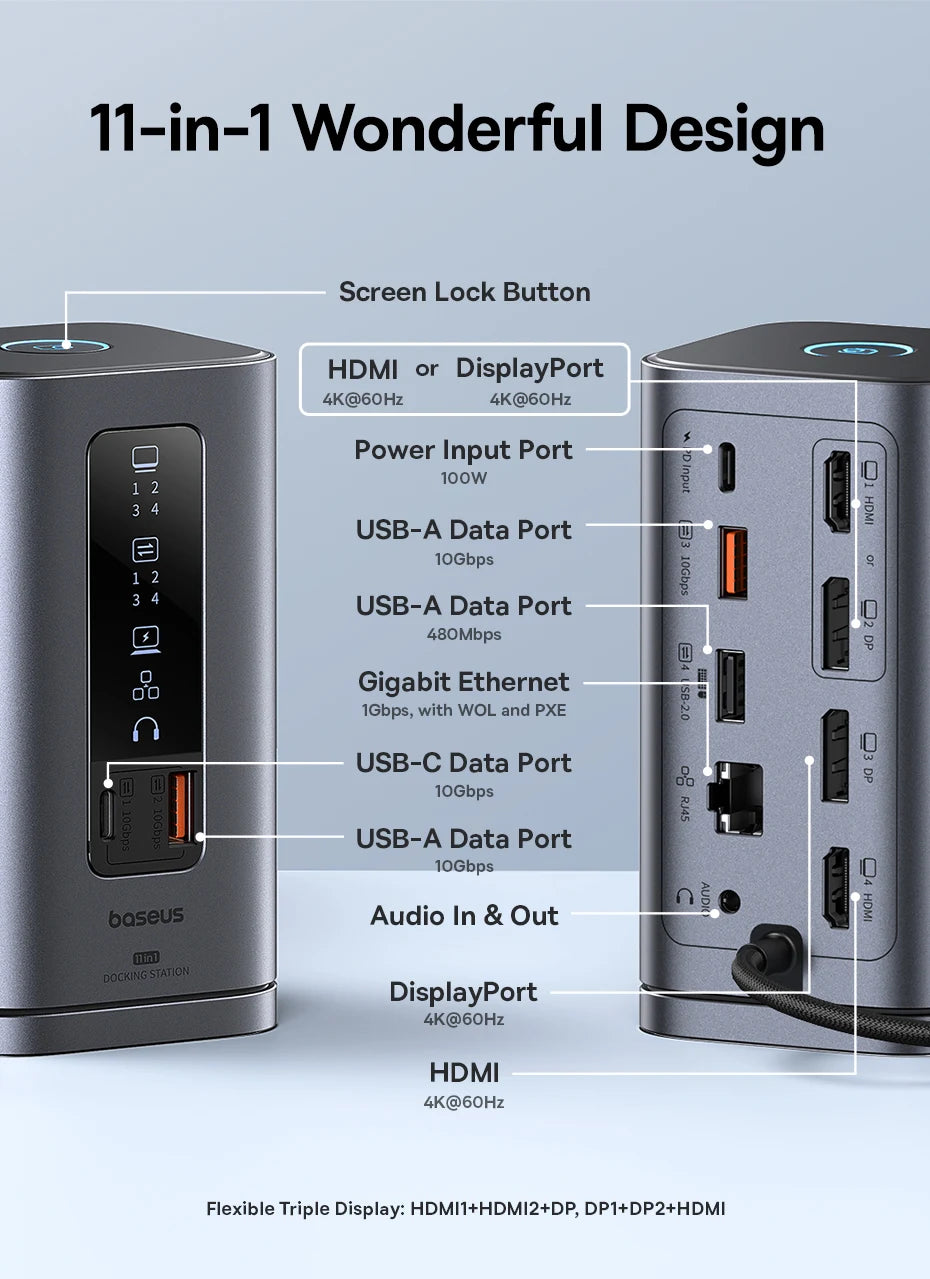 Baseus 11‑v‑1 zvezdišče USB‑C | DP 4K@60Hz, HDMI, trojni zaslon, RJ45, PD 100W, priklopna postaja USB 3.1