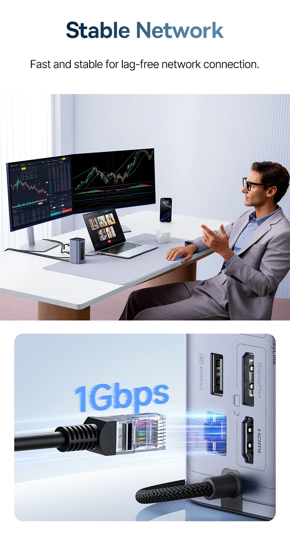 Bazna postaja Baseus 12-v-1 USB-C HUB | DisplayPort + HDMI 4K@60Hz MST, USB 3.2, RJ45, PD 100W