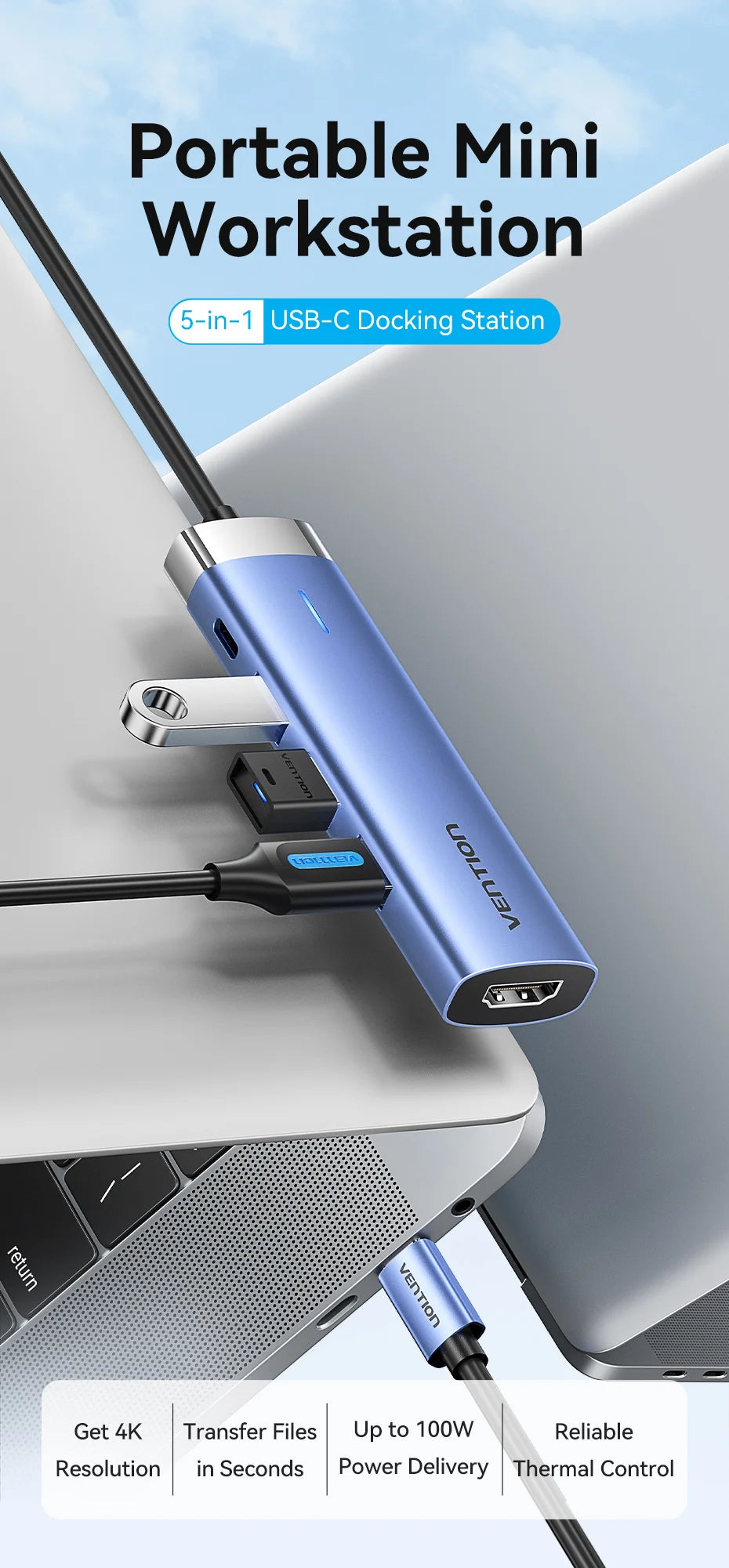 Vention zvezdišče USB-C 5-v-1 | HDMI 4K, PD 100 W, priklopna postaja USB 3.0 5 Gbps
