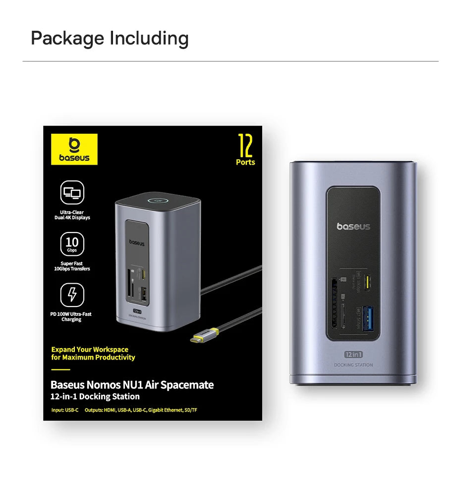 Baseus 11‑v‑1 zvezdišče USB‑C | HDMI + DP 4K@60Hz MST trojni zaslon, USB 3.2, RJ45, PD100W, magnetna priklopna postaja