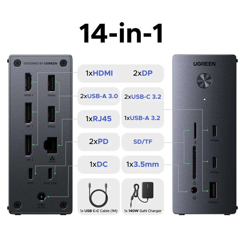 UGREEN priklopna postaja USB-C 14-v-1 s trojnim zaslonom