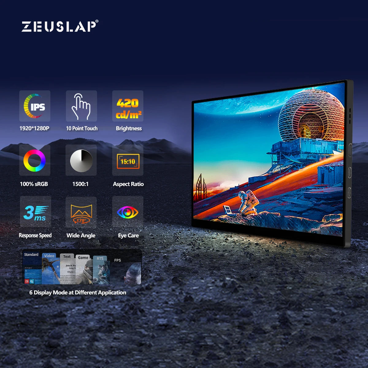ZEUSLAP 10,5-palčni prenosni zaslon na dotik | 1920 × 1280 FHD, 100 % sRGB, IPS, Type‑C in HDMI
