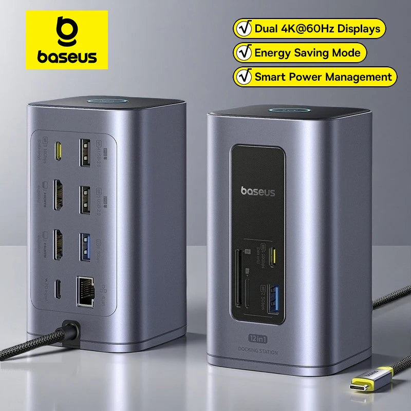 Baseus 12‑v‑1 zvezdišče USB‑C | Dvojni HDMI 4K@60Hz, USB 3.2, RJ45, SD/TF, priklopna postaja PD 100W