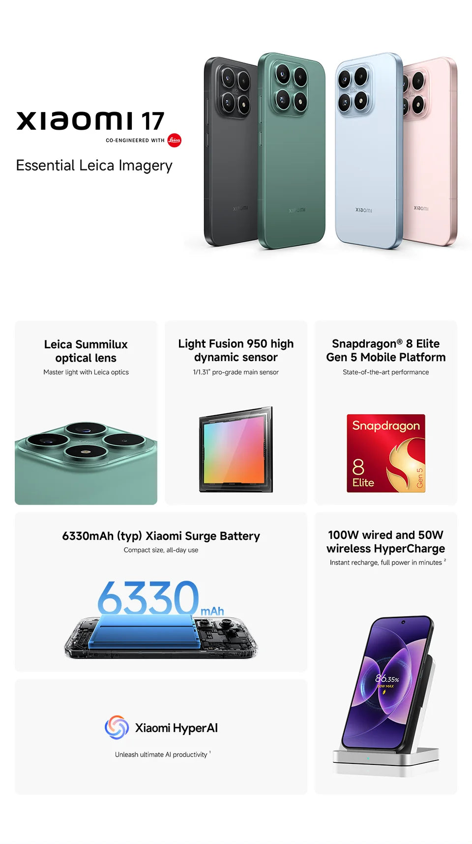FR Warehouse Global Version Xiaomi 17 Smartphone Snapdragon® 8 Elite Gen 5 CPU Leica Camera 6330mAh 100W HyperCharge 6.3" OLED D - Limetastore