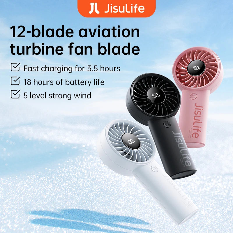 ISULIFE Handheld Fan – 5-Speed Turbo Airflow, 5000mAh Battery with LED Display