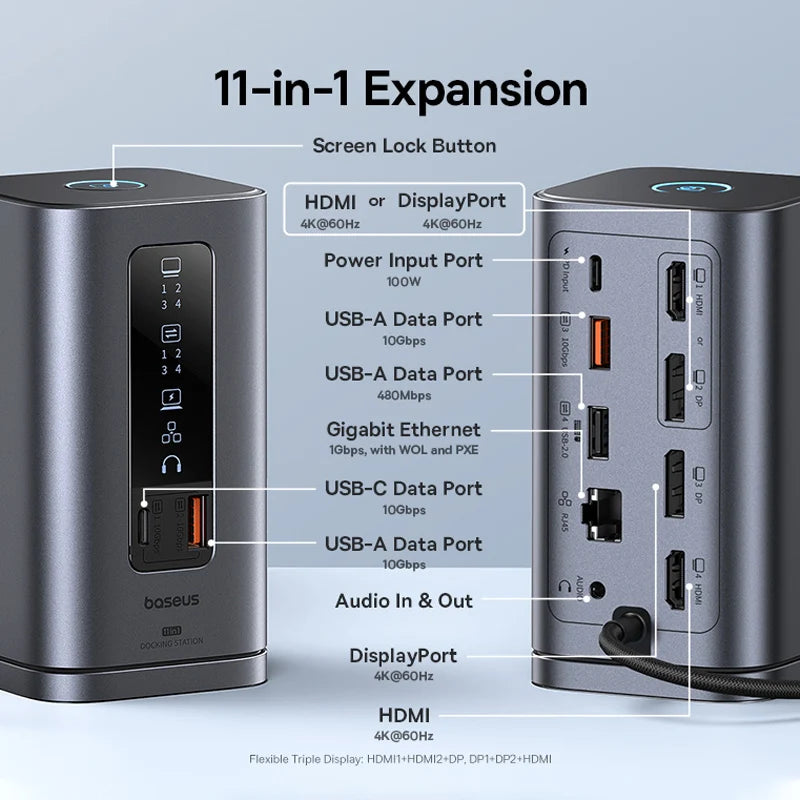 Baseus 11‑v‑1 zvezdišče USB‑C | DP 4K@60Hz, HDMI, trojni zaslon, RJ45, PD 100W, priklopna postaja USB 3.1