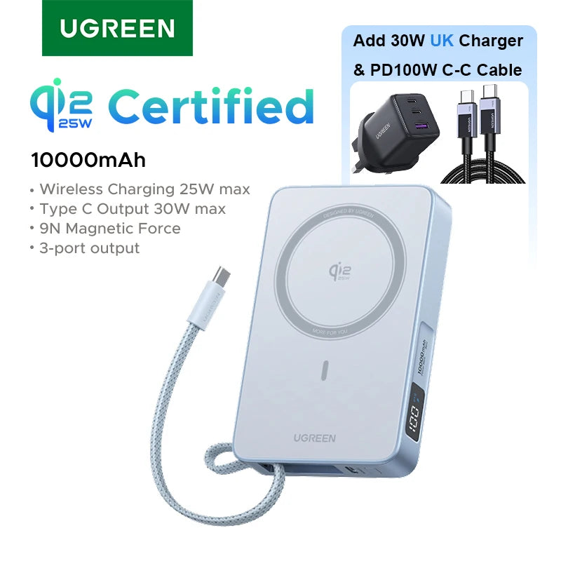 UGREEN Qi2.2 25W magnetni prenosni polnilec – 10000 mAh zunanja baterija za hitro polnjenje