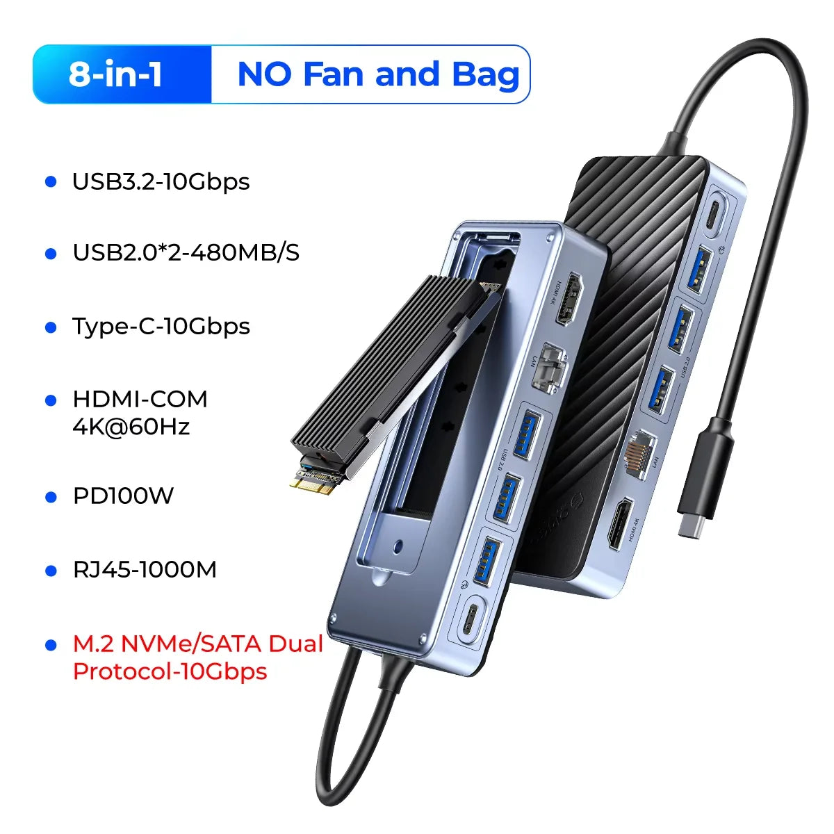 ORICO 10Gbps USB-C zaslonsko zvezdišče z ohišjem M.2 NVMe/SATA SSD, hladilnim ventilatorjem, 4K60Hz HDMI