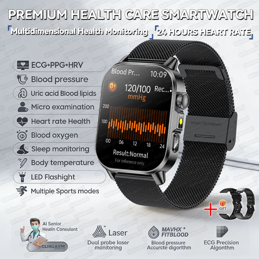 2026 New Uric Acid Blood Lipids Health Smart Watch AMOLED HD Bluetooth Call Sports Watches ECG+PPG Body Fat Smartwatch Men Women - Limetastore