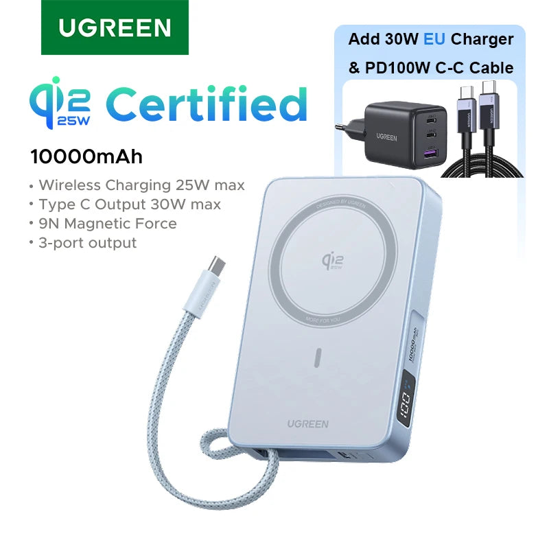 UGREEN Qi2.2 25W magnetni prenosni polnilec – 10000 mAh zunanja baterija za hitro polnjenje