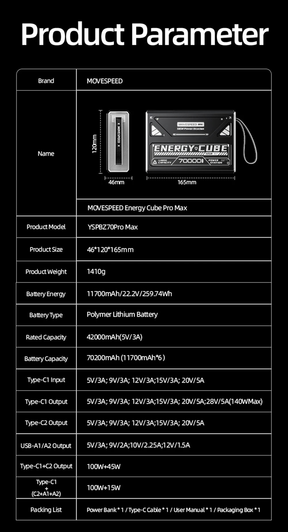 MOVESPEED Z70 Pro Max 140W Power Bank 70000mAh Power Station