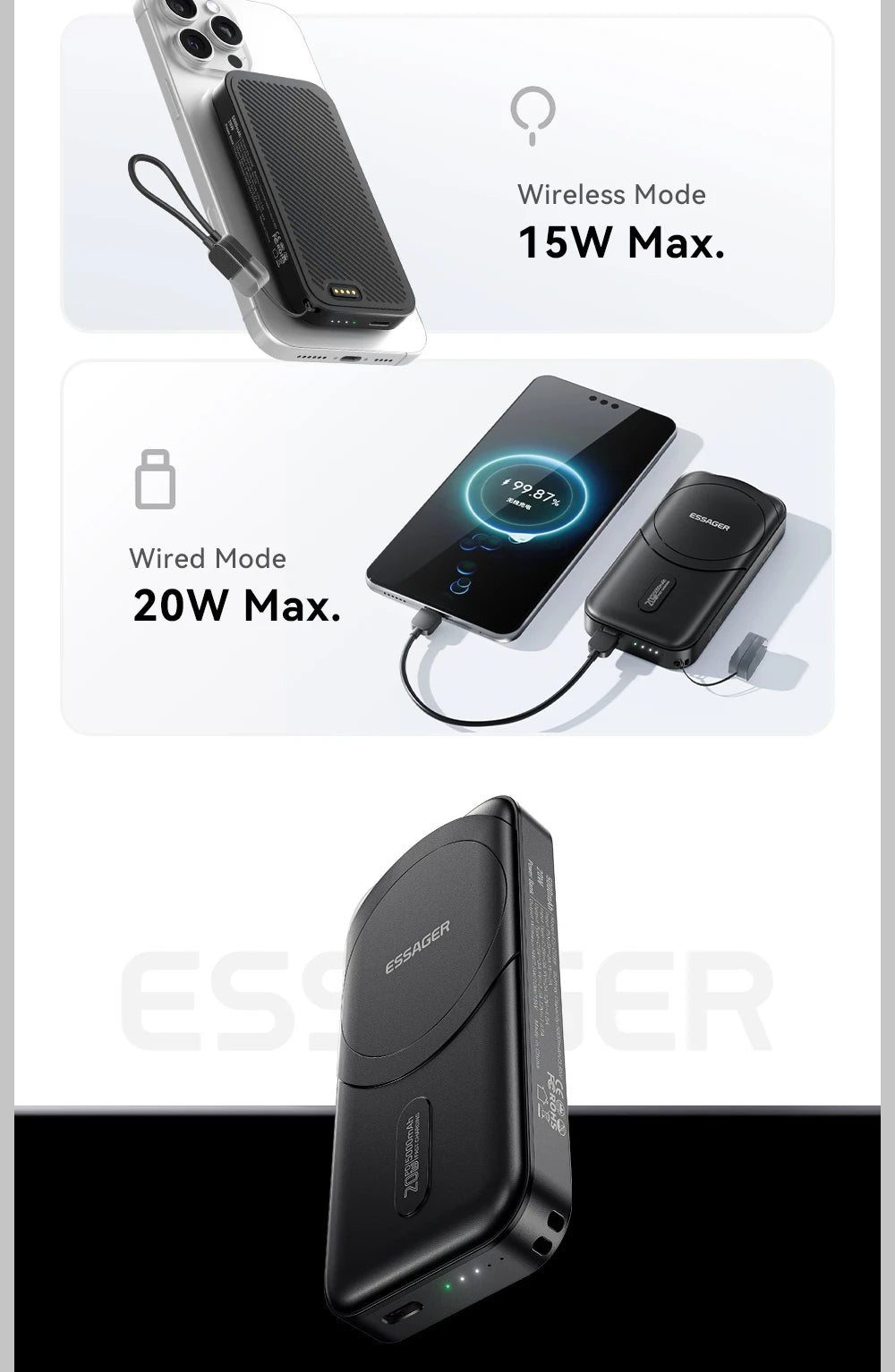ESSAGER 3-v-1 magnetna 65W GaN polnilna baterija 5000 mAh