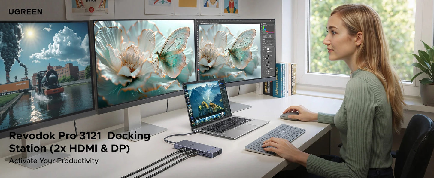 UGREEN 10‑v‑1 USB‑C zvezdišče s 4K120Hz DisplayPortom, dvojnim 4K60Hz HDMI, USB 3.2 Gen2 10Gbps