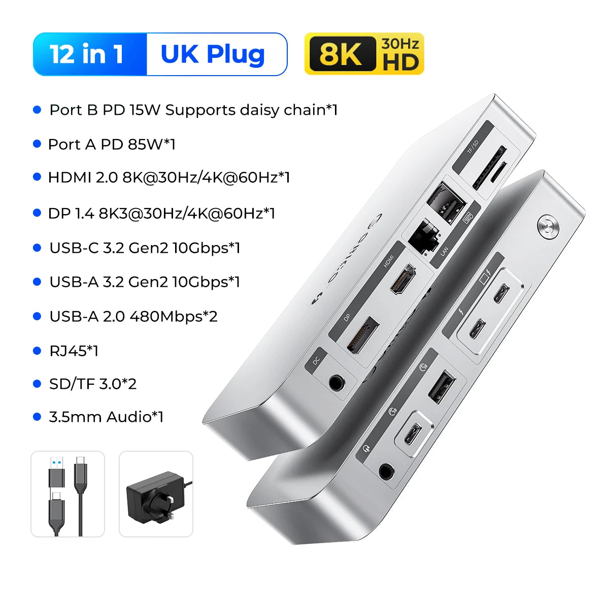 ORICO Thunderbolt 4 USB-C priklopna postaja z 8K30Hz HDMI, USB 3.2 Gen2 zvezdiščem in razdelilnikom Type-C