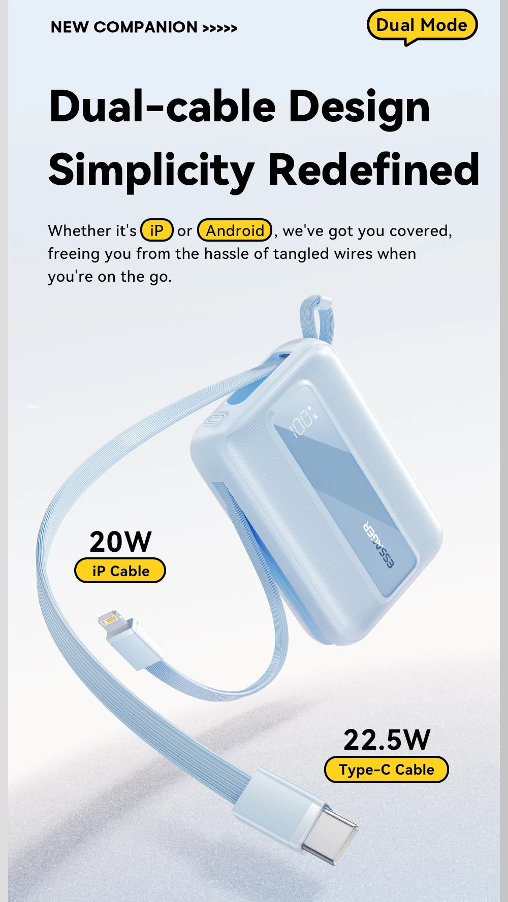 ESSAGER Mini prenosna baterija 20000mAh s kabli 22.5W PD