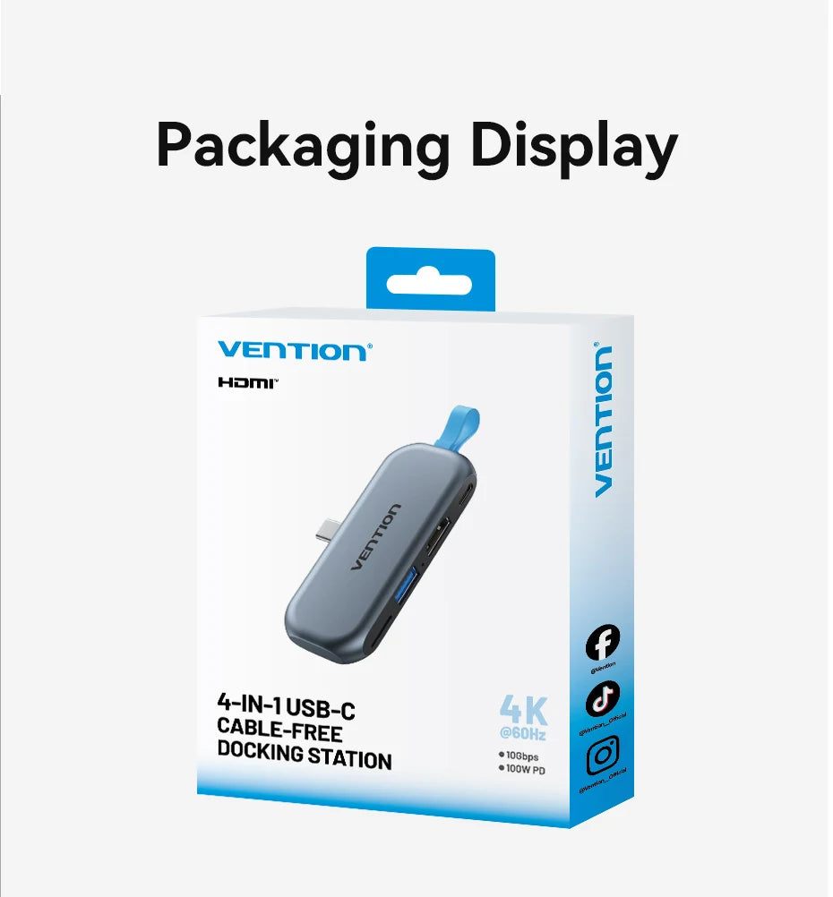 Vention USB‑C 4‑in‑1 Hub | USB 3.2 Gen2, 4K60Hz HDMI, PD 100W Portable Docking Station