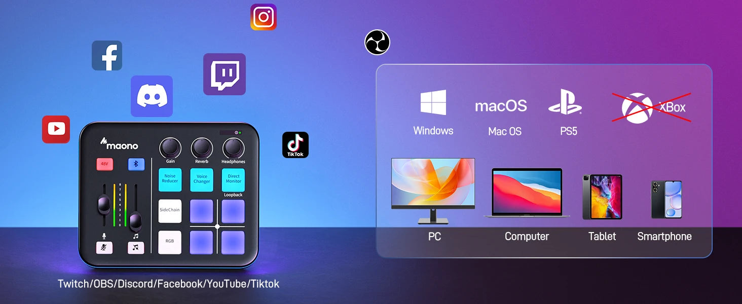 Maono G1 NEO – Gaming Audio Mixer 4‑Channel | RGB Effects, Custom Sound Pads, XLR Mic Interface, Streaming & Podcast Mixer