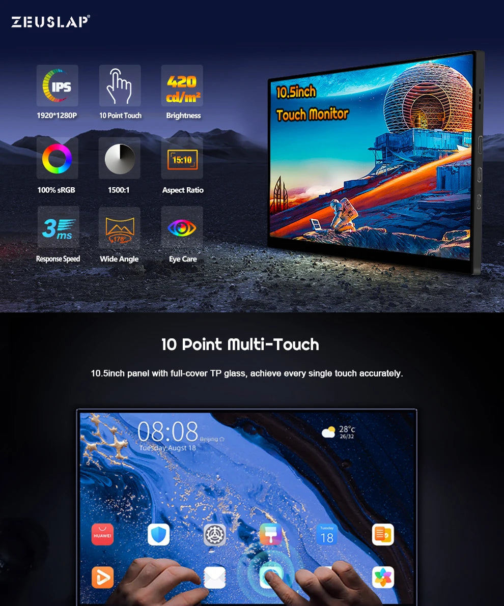 ZEUSLAP 10,5-palčni prenosni zaslon na dotik | 1920 × 1280 FHD, 100 % sRGB, IPS, Type‑C in HDMI