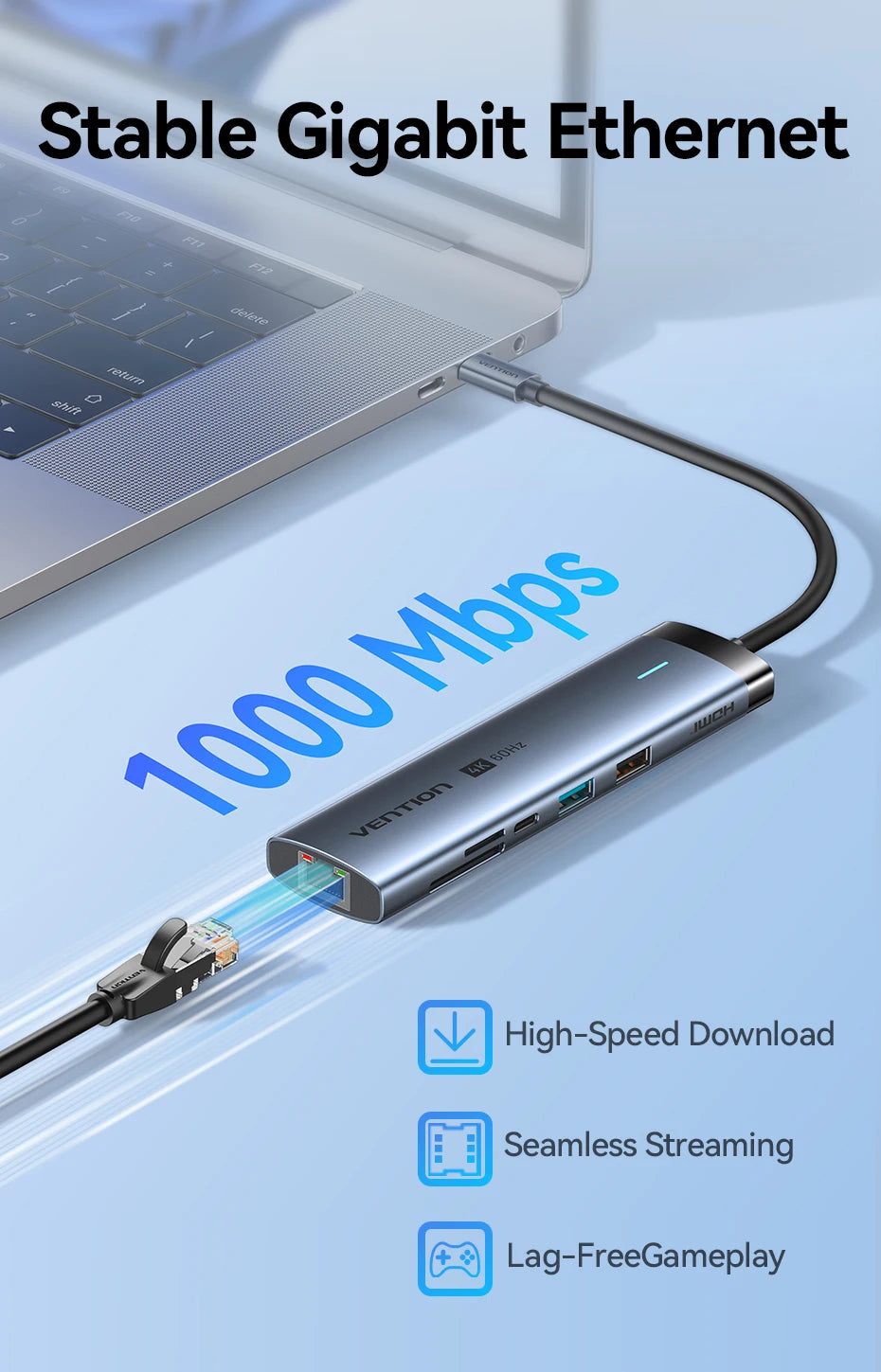 Vention USB‑C 9‑in‑1 Hub | HDMI 4K 60Hz, PD 100W, RJ45, USB 3.0 Docking Station