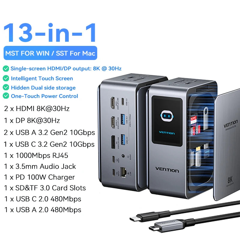 Vention USB‑C 13‑v‑1 Dock | 8K30Hz, MST, Smart Screen, USB 3.2 10Gbps, RJ45 za MacBook in Windows