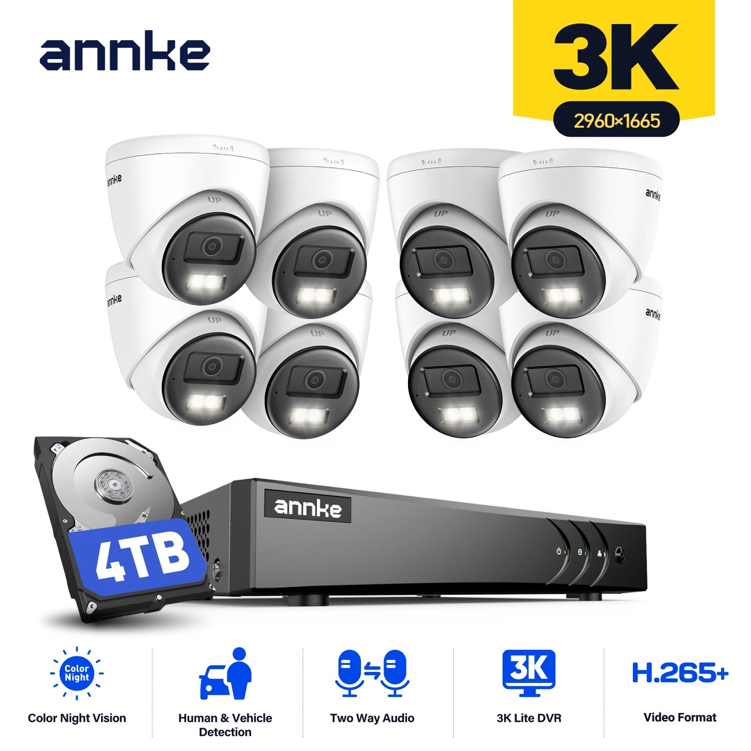 ANNKE 3K CCTV sistem | 5-v-1 8-kanalni DVR, 5MP dome kamere, barvni nočni vid