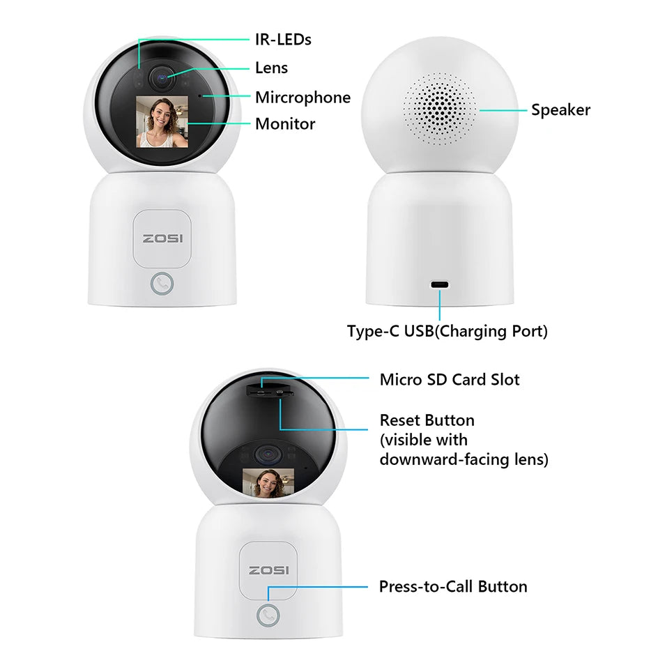 ZOSI C519M 4MP/5MP/4K WiFi Security Camera – 2.4/5GHz Indoor Home Cam with 360° View