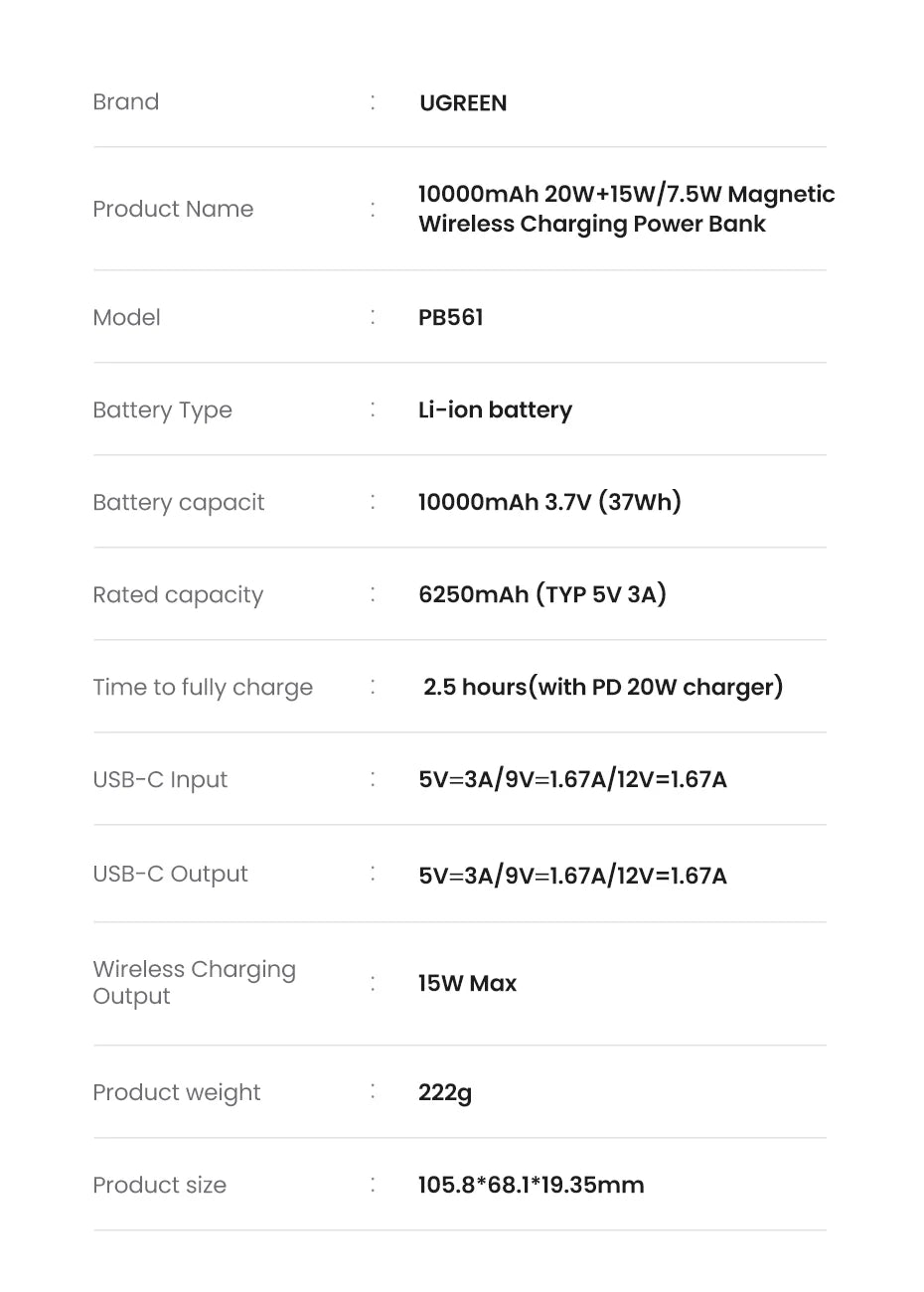 UGREEN PD20W magnetna prenosna baterija – 10000 mAh prenosna zunanja baterija za hitro brezžično polnjenje