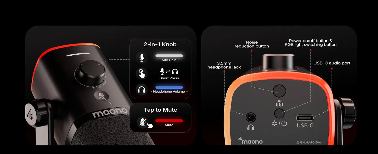 Maono PD100W – Wireless Dynamic Microphone | 50 m Range, One‑Touch Noise Reduction & RGB Lighting for Gaming, Streaming & Live Recording
