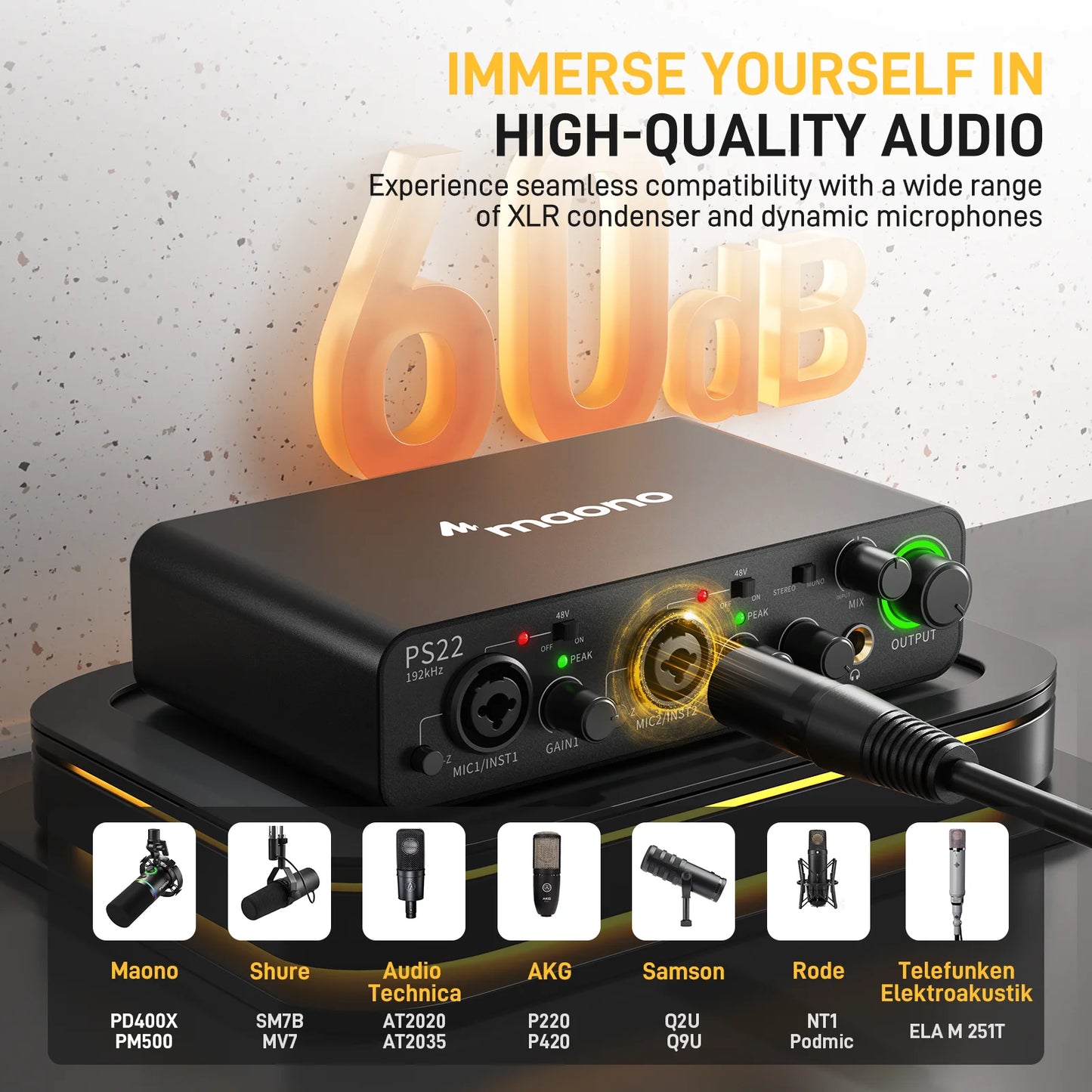 Maono PS22 – USB Audio Interface 24‑bit/192 kHz | 60 dB Pro Preamp, Dual USB, Low‑Noise Recording for Home Studio, Podcast & Streaming