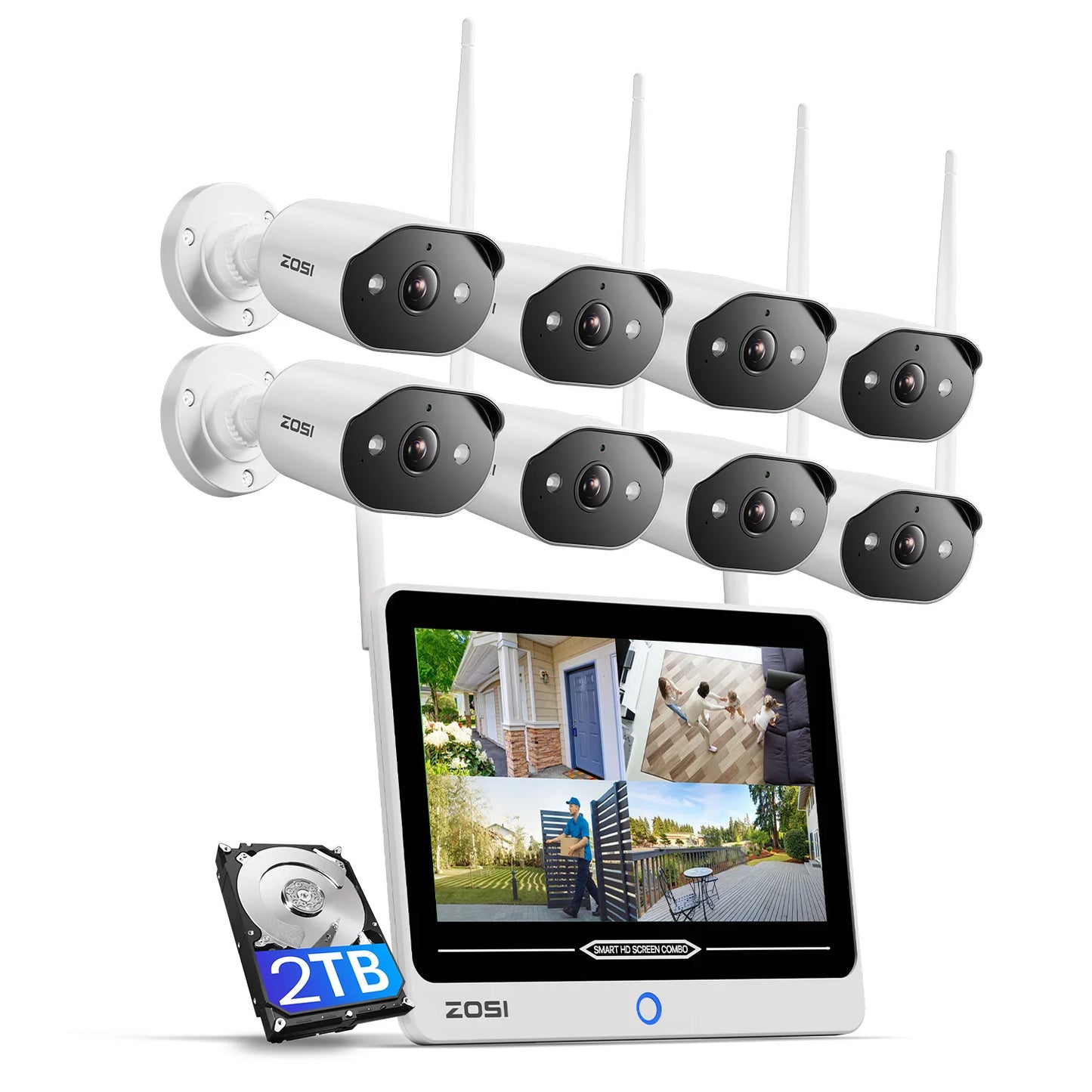 Varnostni kamerov sistem ZOSI 2K Wi-Fi 6 8-kanalni – 12'' LCD-zaslon, 3MP notranje/zunanje vtične WiFi kamere