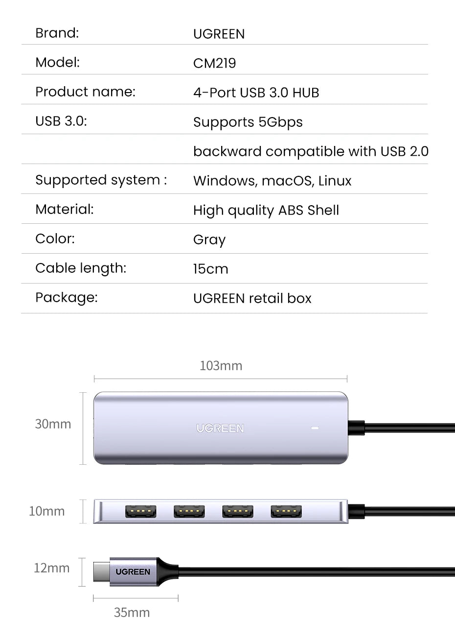 UGREEN USB‑C v USB 3.0 zvezdišče | 4-vratni visokohitrostni razdelilnik za MacBook, iPad in Samsung