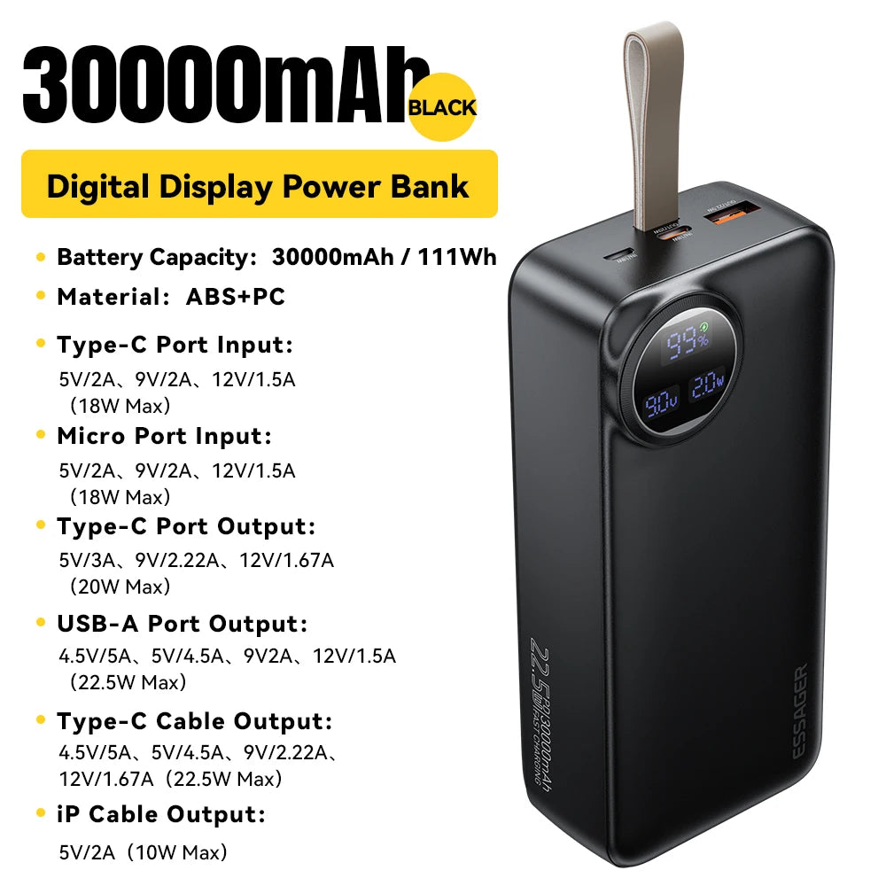 ESSAGER 30000mAh Power Bank 22.5W PD hitro prenosno polnjenje