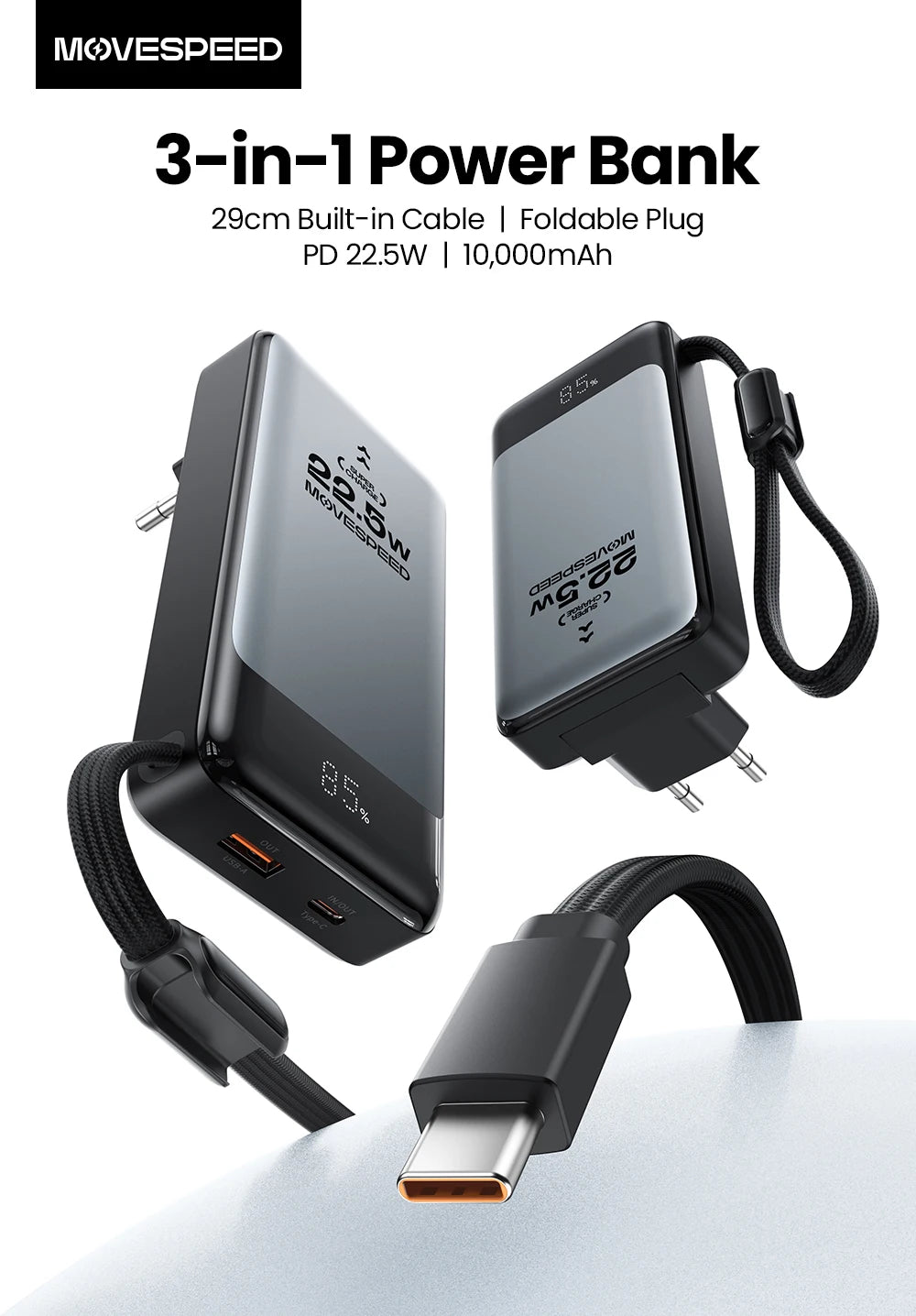 MOVESPEED MSP17 prenosna baterija (power bank) 10000mAh 2-v-1 z zložljivim EU vtičem