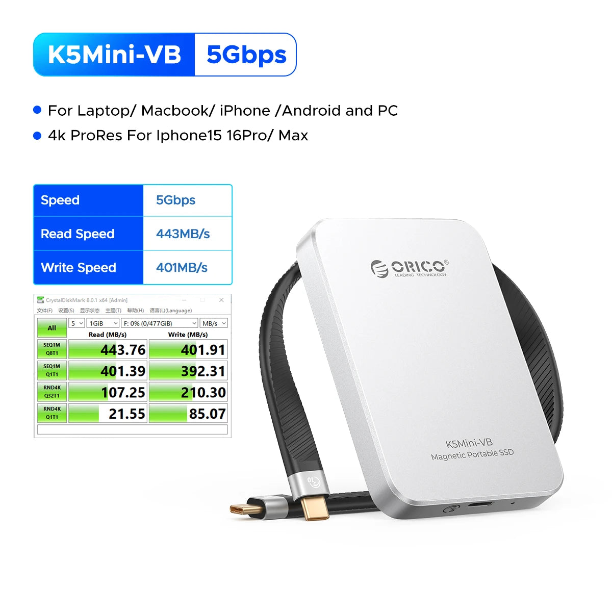 ORICO 460MB/S Portable SSD USB3.2 PSSD 480GB External SSD for iPhone 17 16Pro/Max ProRes 4K ProRes K5MINI-VB