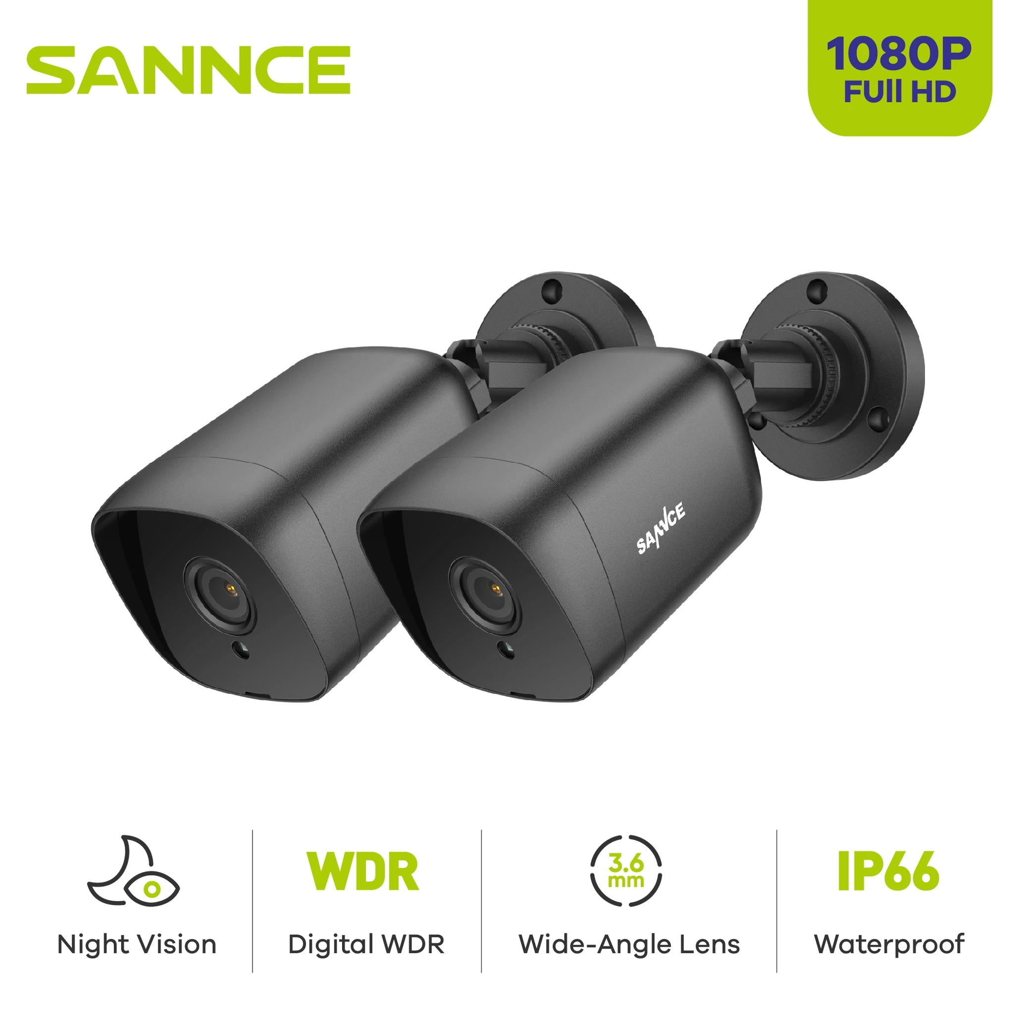 SANNCE 1080P 2MP TVI Cameras | IR Night Vision, Indoor/Outdoor, BNC Cable, 2/4‑Pack