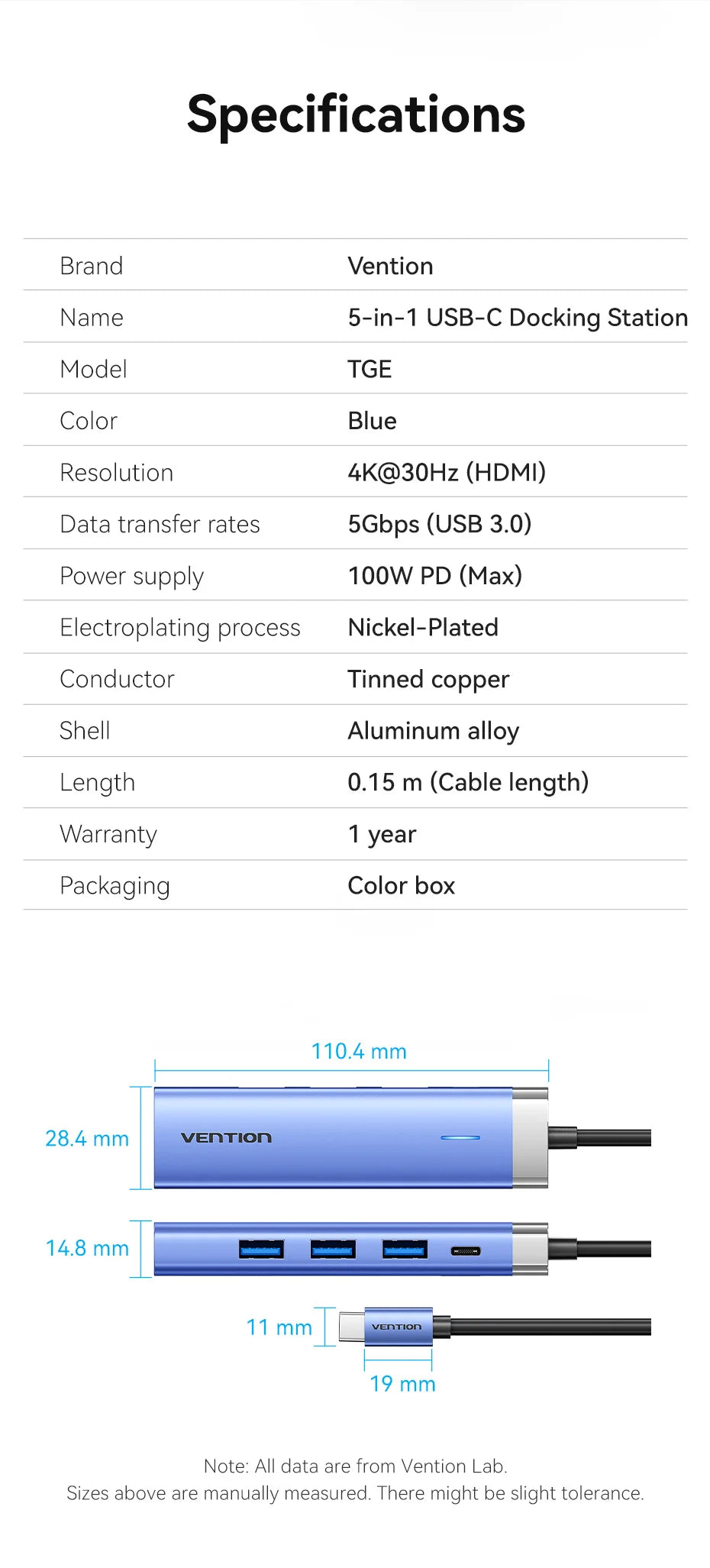 Vention zvezdišče USB-C 5-v-1 | HDMI 4K, PD 100 W, priklopna postaja USB 3.0 5 Gbps