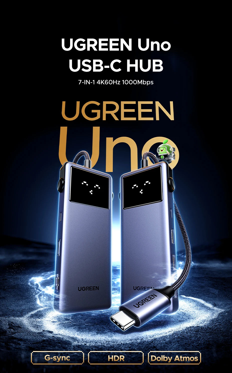 UGREEN Uno USB-C Hub | HDMI 4K60Hz / 2K120Hz, RJ45 1000 Mbps, PD100W, razdelilnik USB 3.0 za MacBook in prenosnike