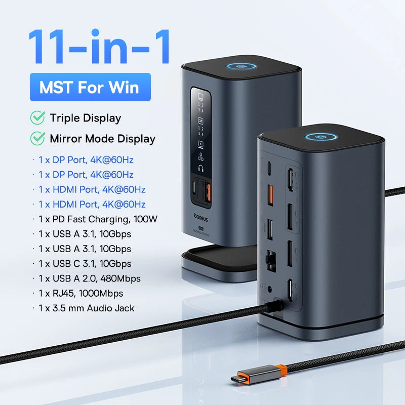 Baseus 11‑v‑1 zvezdišče USB‑C | DP 4K@60Hz, HDMI, trojni zaslon, RJ45, PD 100W, priklopna postaja USB 3.1
