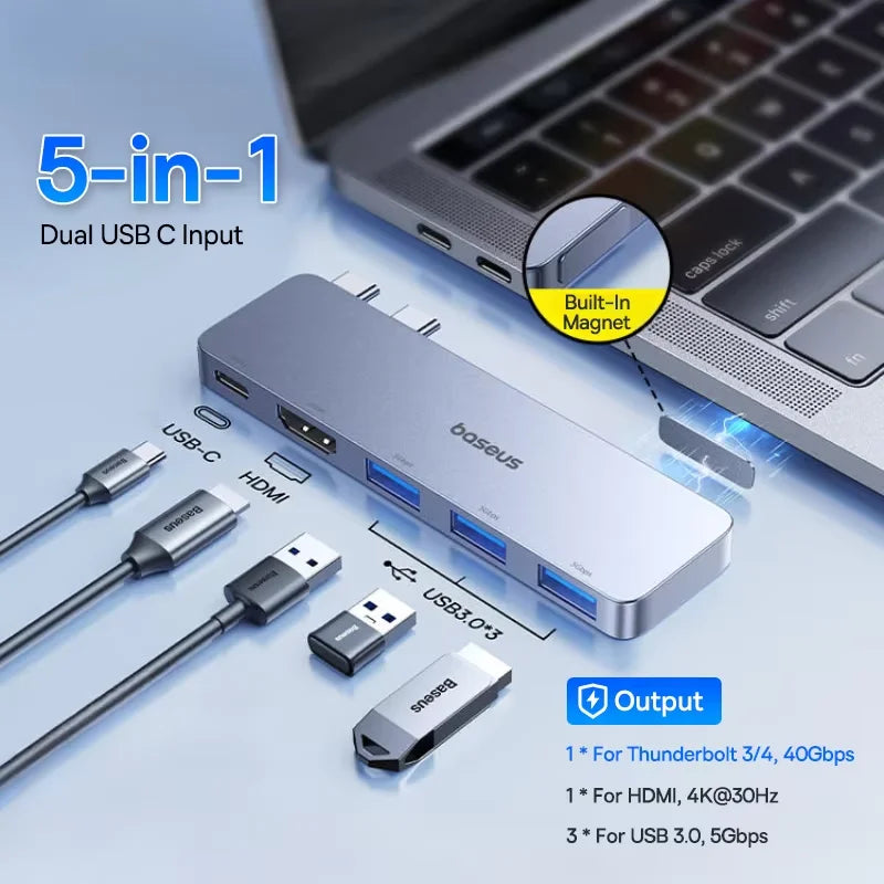 Dvojno USB-C zvezdišče Baseus | HDMI 4K@30Hz, Thunderbolt 3/4 40Gbps, USB 3.0, SD/TF