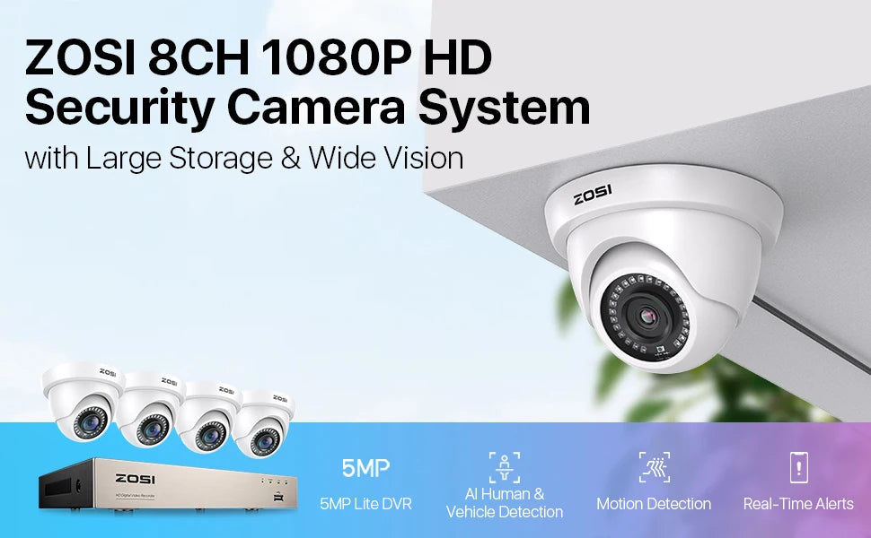 ZOSI 8-kanalni 1080P žični varnostni sistem kamer – H.265+ 5MP Lite DVR snemalnik z 2MP notranjo/zunanjostjo