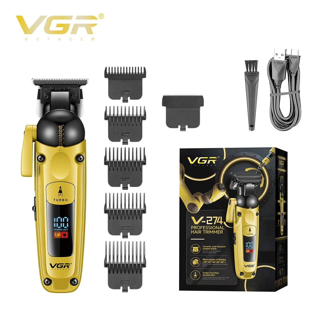 VGR V-274 Professional Hair Trimmer – Turbo Mode, 140-Min Runtime, 9 Angles