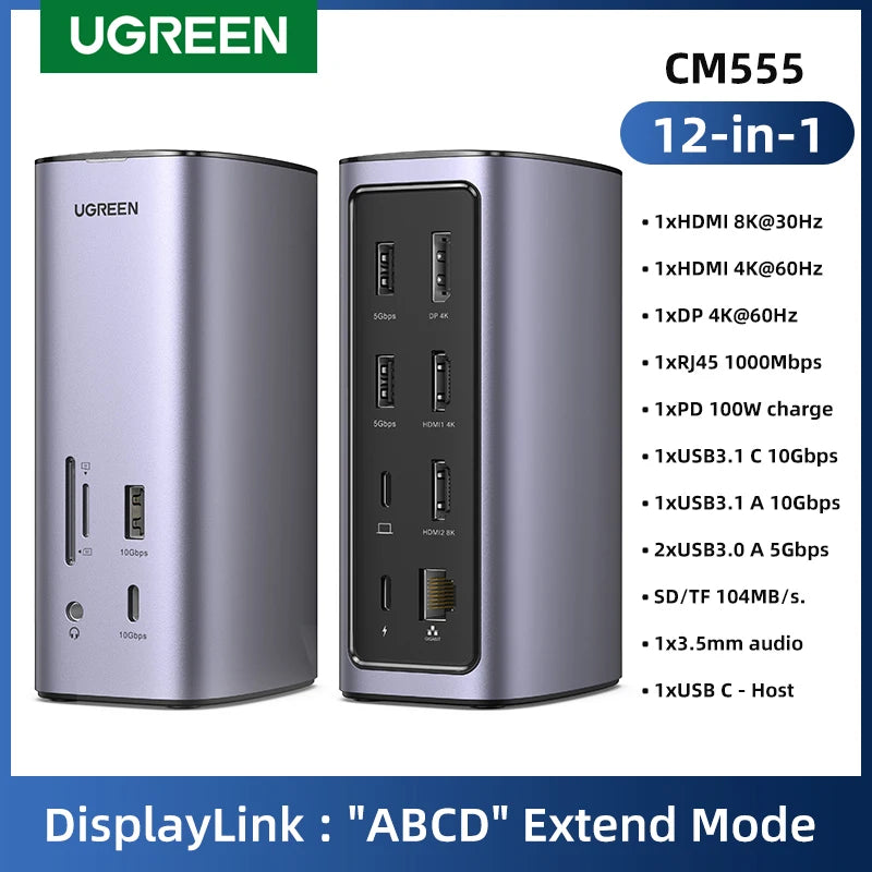 UGREEN 12-v-1 priklopna postaja USB-C z 8K HDMI, 4K60Hz DisplayPort, trojnim zaslonom